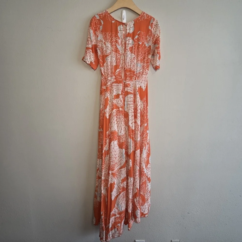 Free People First Kiss Tropical Floral Short Sleeves Boho Maxi Dress Sz S Flowy
